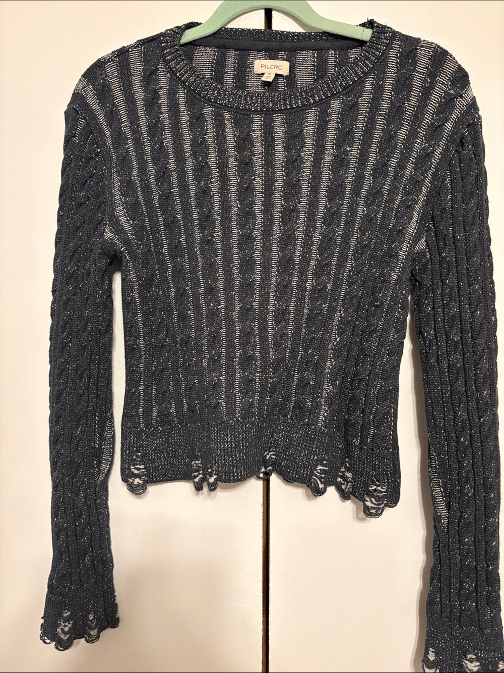 Pilcro Charcoal  Scoopneck Cable Sweater with cool distressed accents